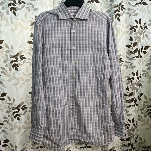 Kiton Shirt Mens 16 41 White Blue Button Up French Cuff Dress 100% Cotton Italy